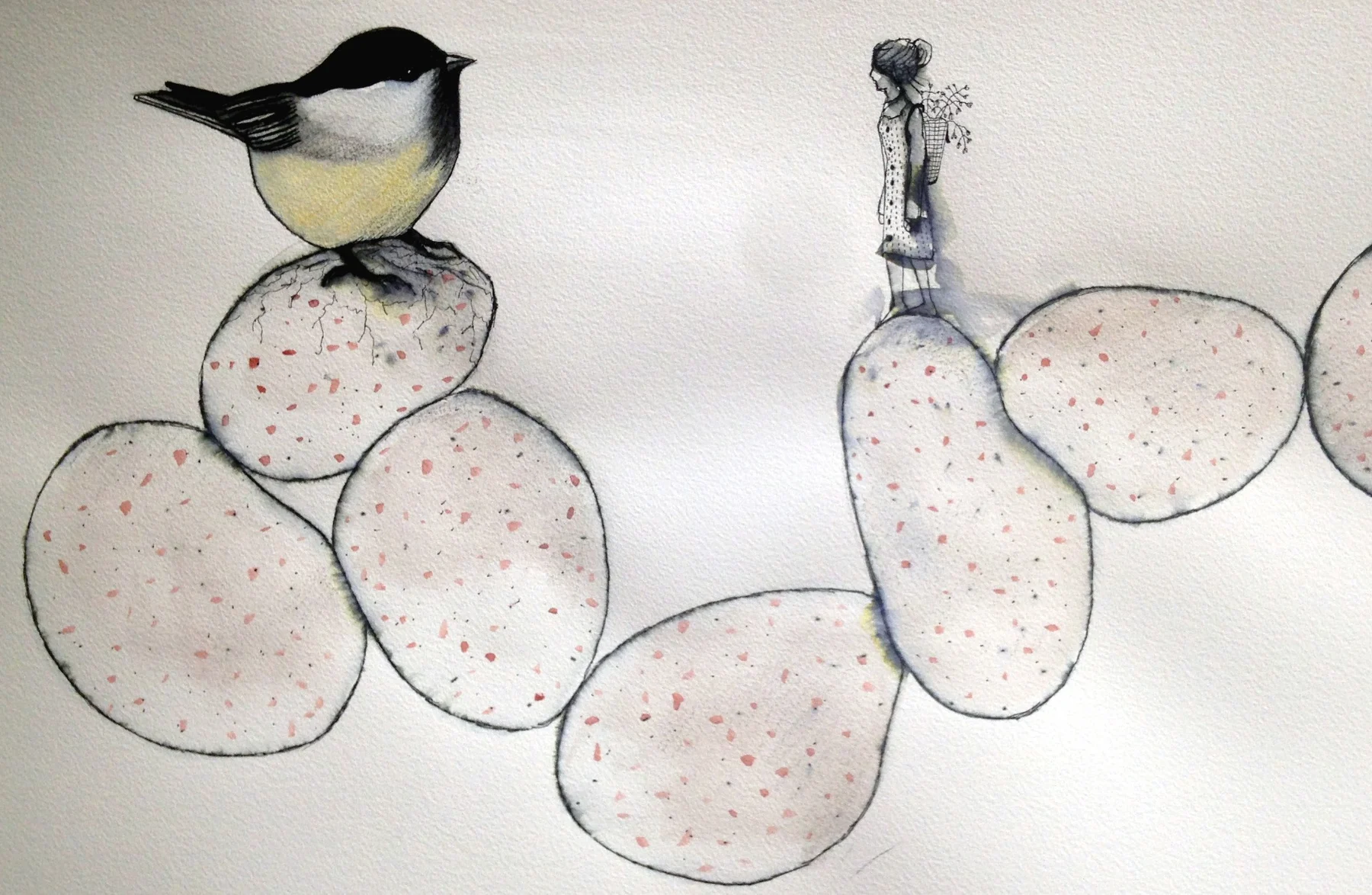 Jäähyväiset hömötiaiselle , grafiitti, muste ja puuvärit 2019, Farewell Willow tit . graphite, ink and coloured pencils 2019
