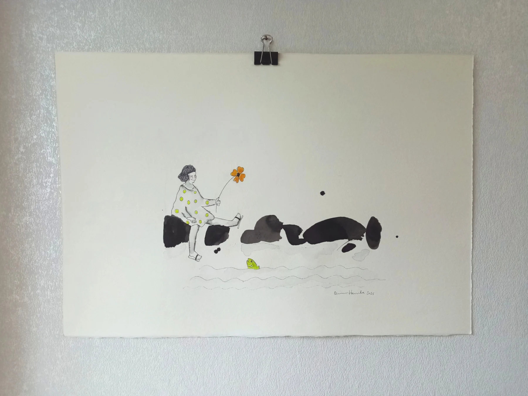 I give a flower to a fish, mixed media 2025